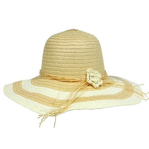 Wide Brim Hat - 2 Tones w/ Flower - Natural - HT-H2270NT